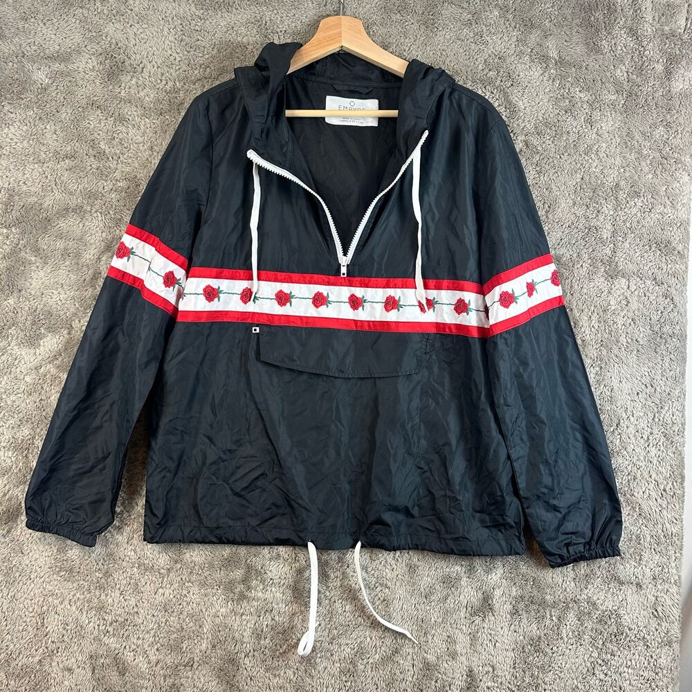 Empyre Women’s Shaylyn Black Rose Striped Anorak Windbreaker Pullover Jacket L